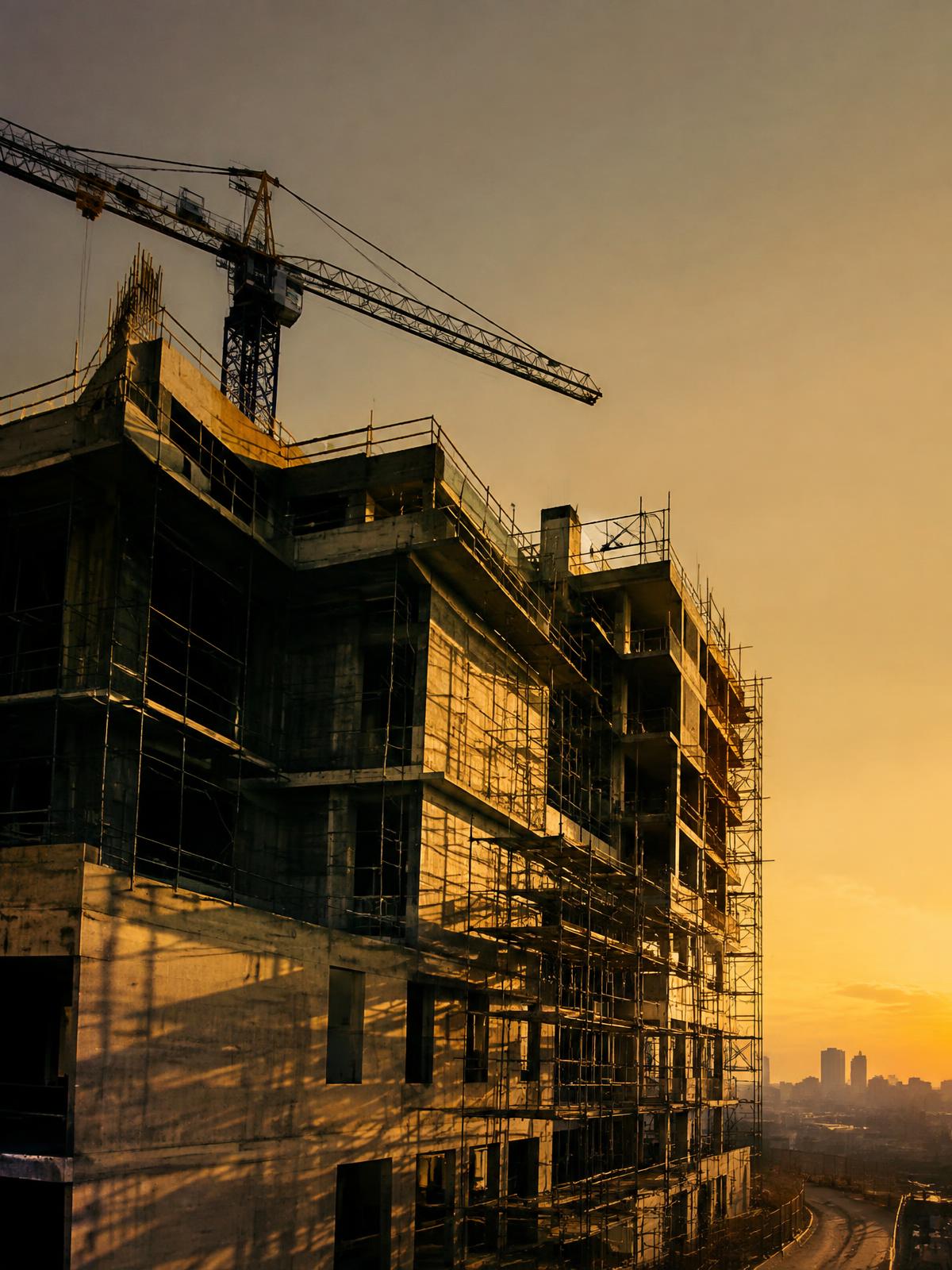 Multi-storey concrete building under construction with scaffolding and a tower crane at sunset